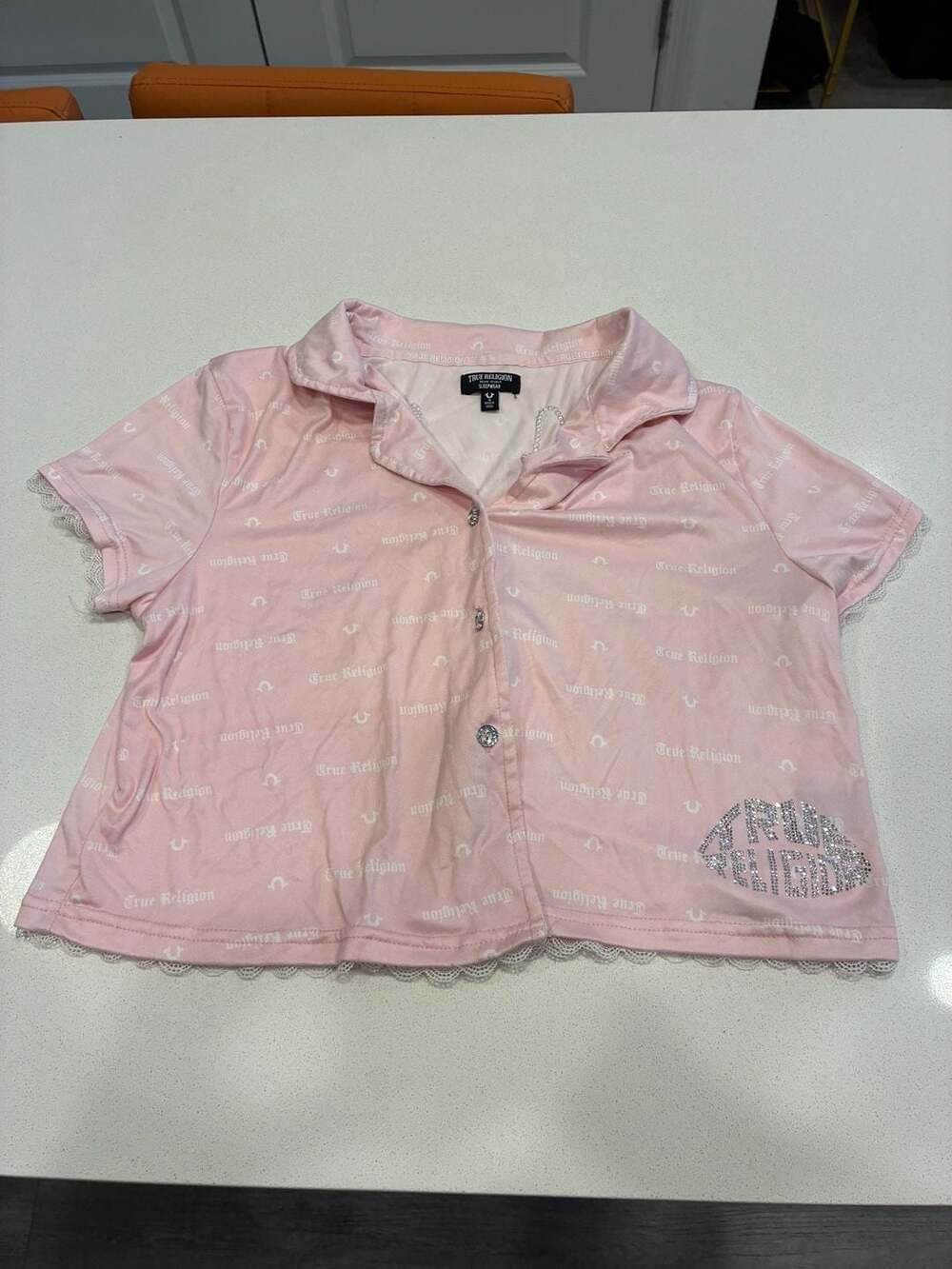True Religion Pink All-Over Logo Sleepwear Button-Up Pajama Top with Rhinestone